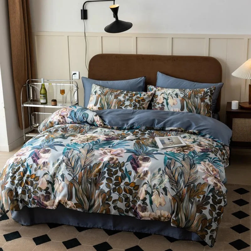 Détail du tissu Tencel 600TC avec motifs feuilles tropicales colorées