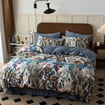Détail du tissu Tencel 600TC avec motifs feuilles tropicales colorées