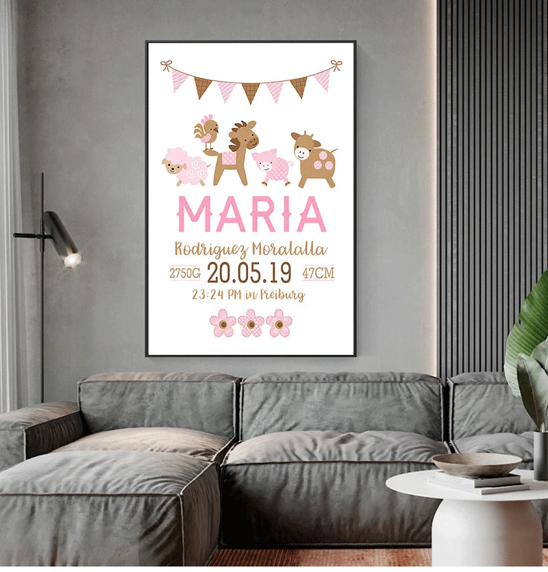 Image murale personnalisée pour chambre de bébé rose avec animaux de dessin animé