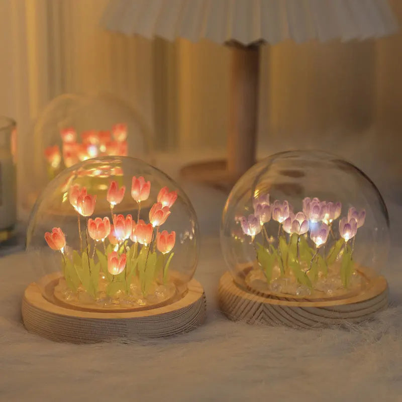 Lampe de chevet tulipe LED artisanale en verre bleu