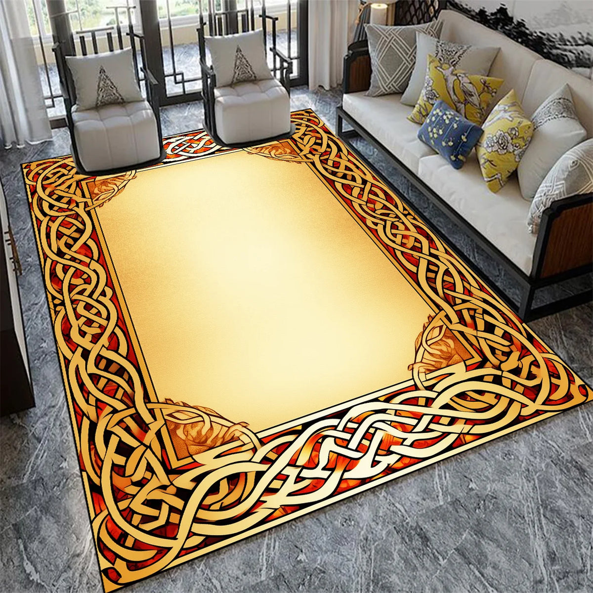 Tapis décoratif avec un motif ornemental abstrait en tons chauds, créant une ambiance élégante et sophistiquée dans cette pièce aménagée avec goût.