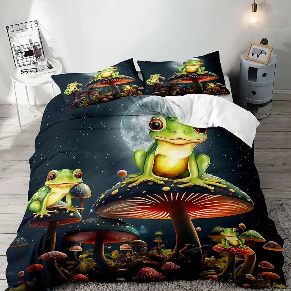 Détail du motif champignon sur housse de couette bordeaux