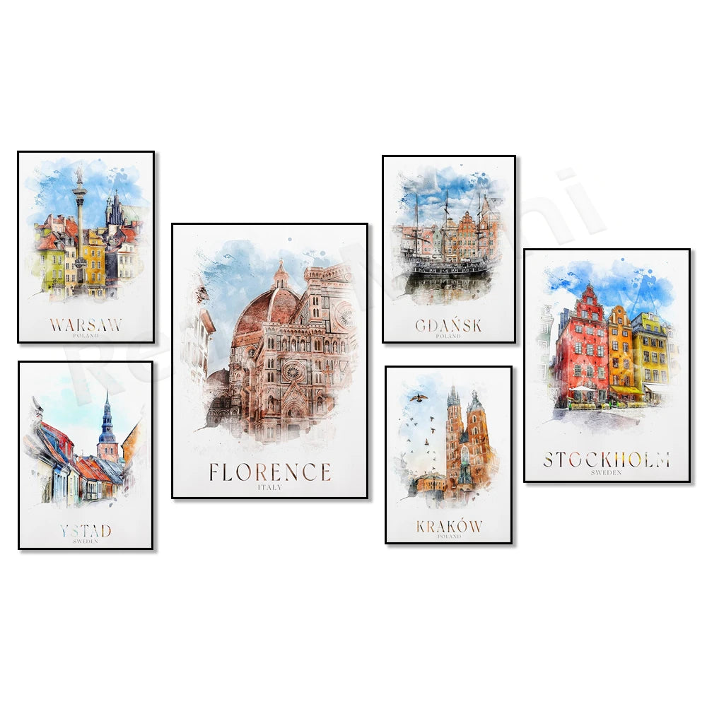 Cette image présente une collection de six affiches illustrant différentes villes européennes comme Varsovie, Florence, Gdansk, Cracovie et Stockholm, chacune avec un style artistique unique de paysages urbains et de monuments emblématiques.