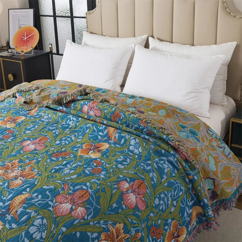 Couverture serviette florale gaze coton jacquard vert 200x230 cm