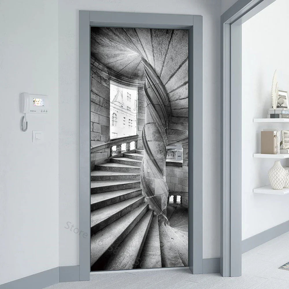Autocollant mural porte effet escalier spirale