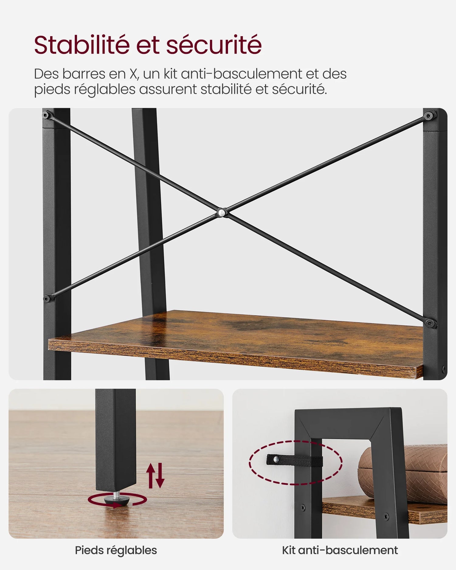 Détail du cadre en acier robuste de l'étagère échelle