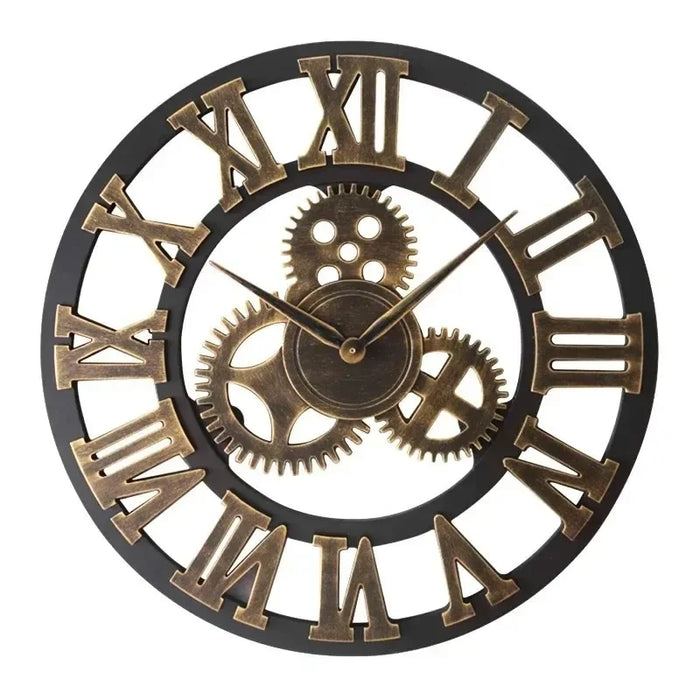Horloge murale industrielle noire avec engrenages métalliques
