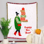 Une femme au style caractéristique tient des cadeaux emballés dans des motifs festifs devant un fond blanc avec des confettis verts, le tout accompagné d'un souhait du Nouvel An.