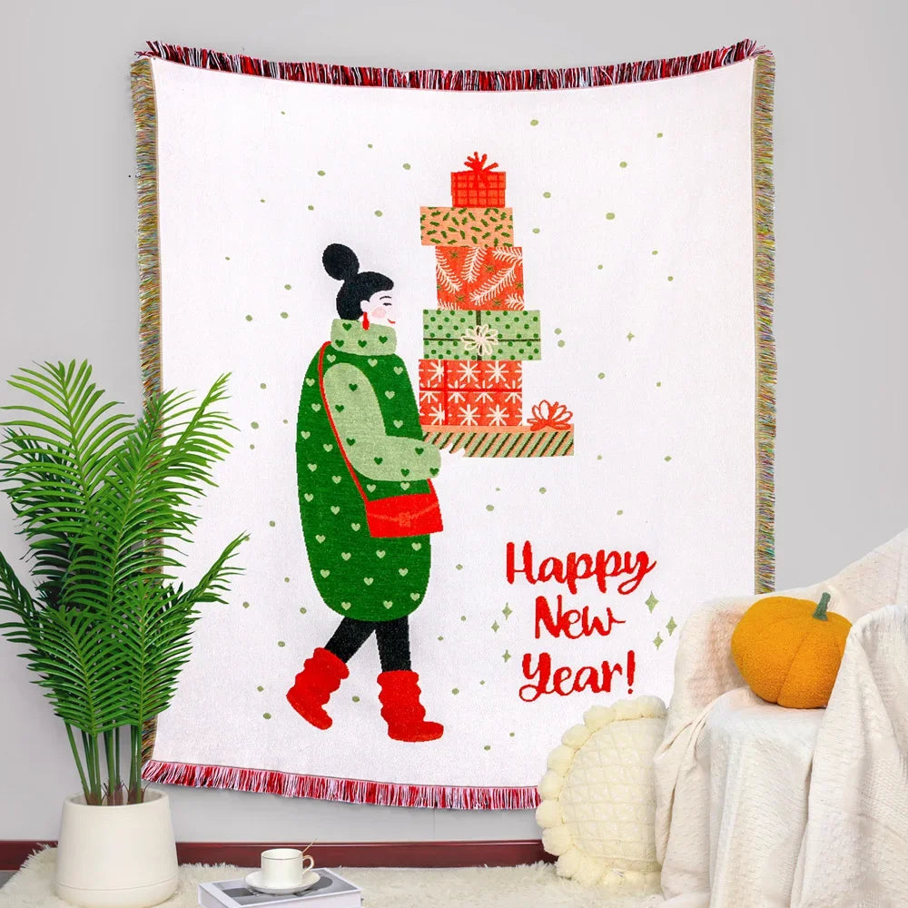 Une femme au style caractéristique tient des cadeaux emballés dans des motifs festifs devant un fond blanc avec des confettis verts, le tout accompagné d'un souhait du Nouvel An.