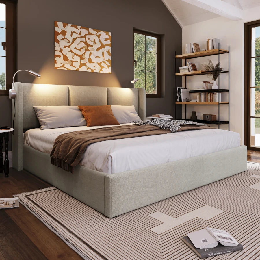 Tête de lit blanche avec lampes de lecture et ports USB intégrés
