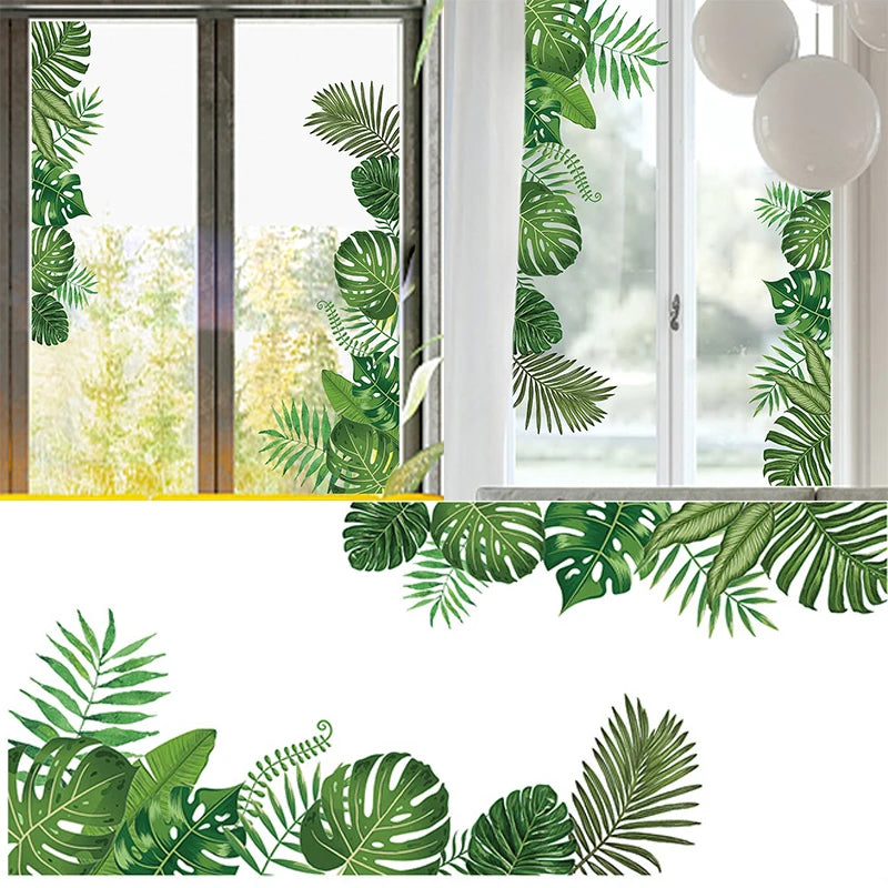 Autocollant mural feuilles tropicales vertes sur mur blanc