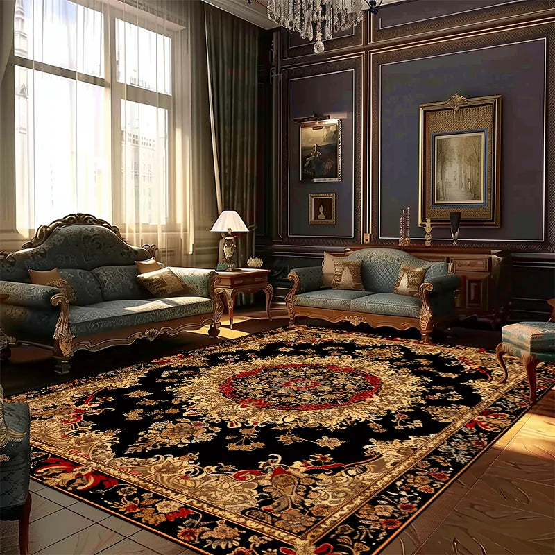 Cette image présente un salon de style baroque avec des meubles ornés et un grand tapis persan qui domine la pièce, créant une atmosphère chaleureuse et élégante.