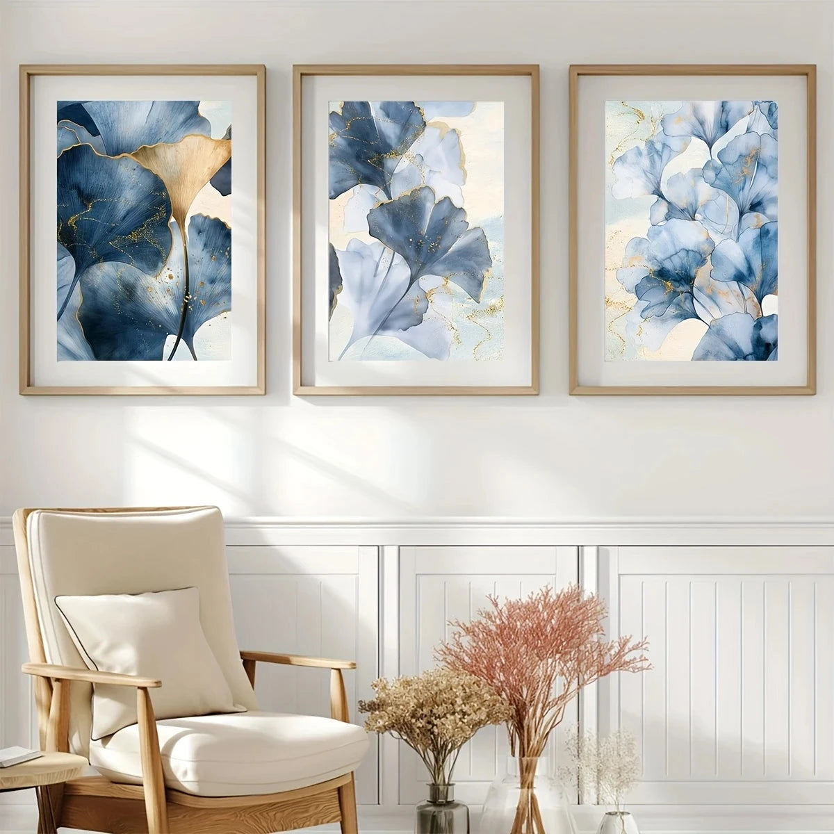 Toile décorative plante abstraite bleu or