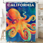 Détail du motif poulpe californien sur le rideau de douche
