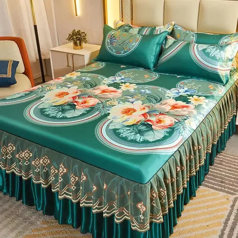 Détail de la dentelle bleue de la parure de lit Ombre Interieur