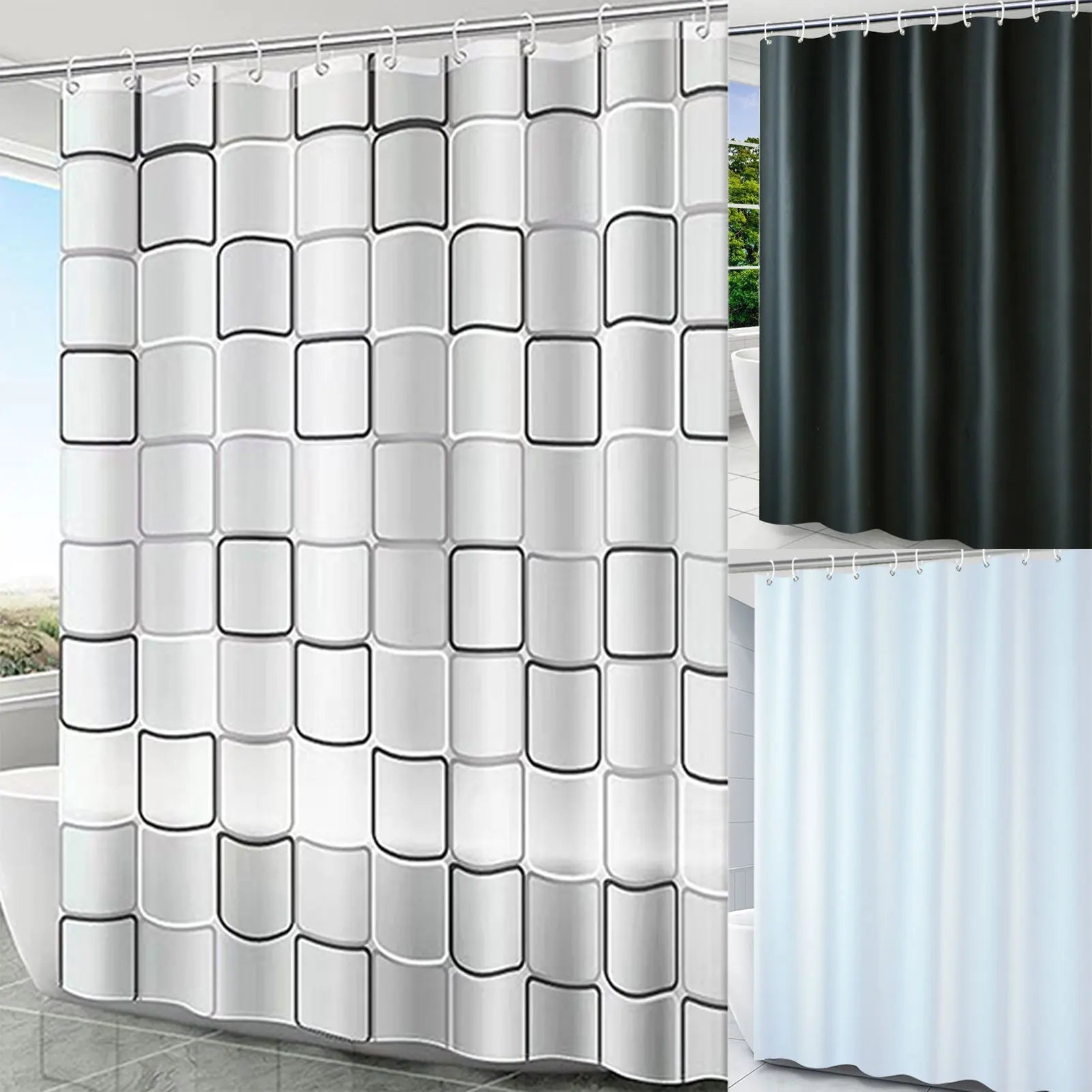 Une élégante douche ornée d'un rideau de douche blanc, qui sert également de couverture de fenêtre. Le rideau, aux formes fluides et au matériau doux, ajoute une ambiance apaisante et épurée à la salle de bain.