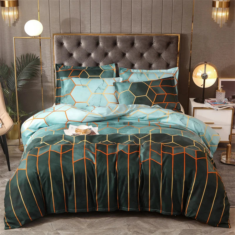 Détail des motifs hexagonaux de la housse de couette verte