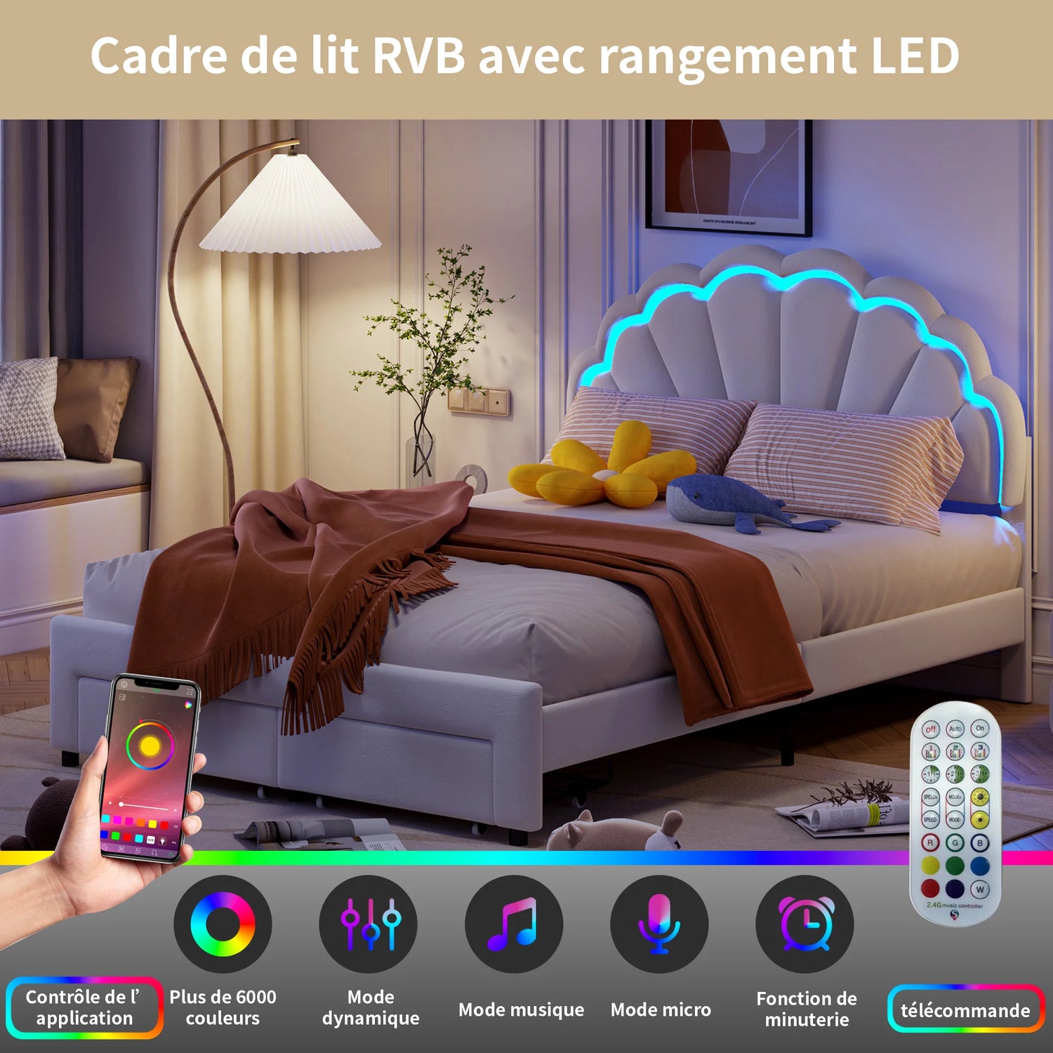 Détail des tiroirs de rangement intégrés sous le lit