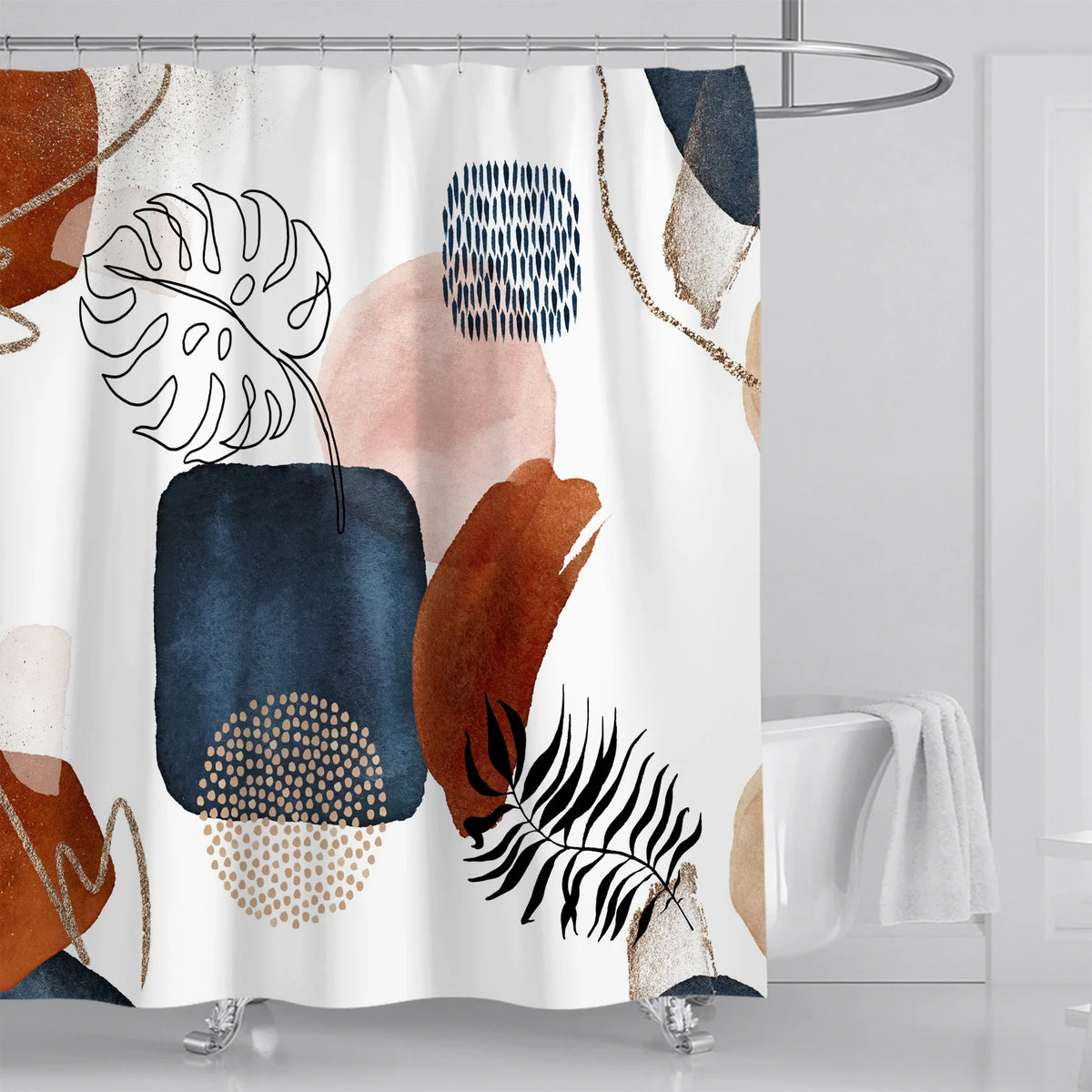 Rideau de douche moderne avec motifs abstraits, idéal pour une décoration de salle de bain tendance. Design artistique aux touches de couleurs bleu marine, ocre et rose, apportant une atmosphère élégante et contemporaine. Accessoire parfait pour personnaliser votre espace et ajouter une touche de style unique à votre intérieur.