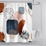 Rideau de douche moderne avec motifs abstraits, idéal pour une décoration de salle de bain tendance. Design artistique aux touches de couleurs bleu marine, ocre et rose, apportant une atmosphère élégante et contemporaine. Accessoire parfait pour personnaliser votre espace et ajouter une touche de style unique à votre intérieur.