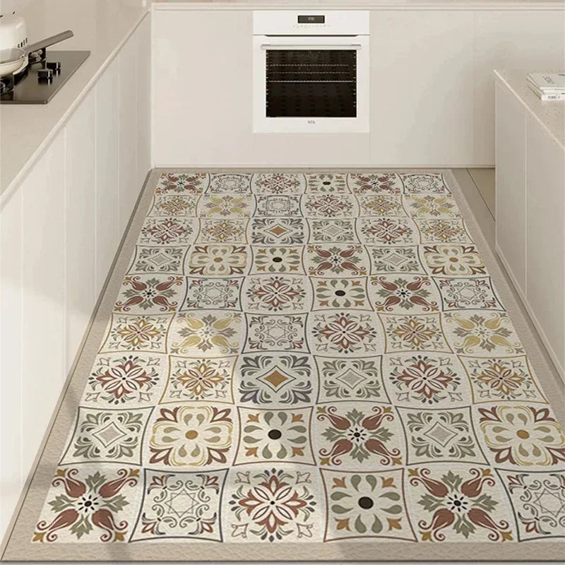Cette image montre une belle collection de carreaux de sol aux motifs floraux variés et élégants, dans des tons beiges et bruns, offrant un style classique et sophistiqué pour cette pièce de la maison.