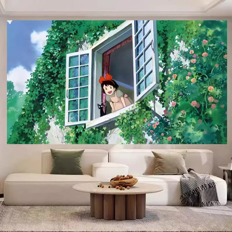 Tissu mural Totoro vert armée suspendu comme tête de lit