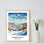 Paysage enneigé de la vallée de Canaan en Virginie-Occidentale, avec des montagnes, des arbres aux couleurs automnales et un village pittoresque sous un ciel bleu parsemé de nuages.