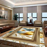 Un tapis à motif géométrique doré et bleu dans un salon élégant avec des fauteuils en cuir beige.