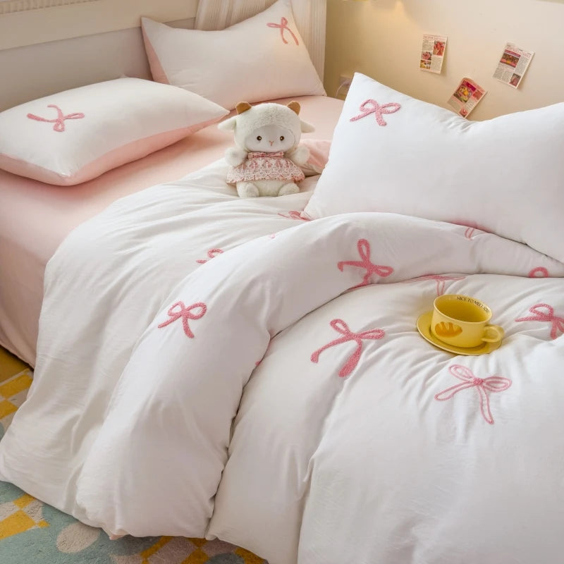 Housse de couette brodée nœud papillon rose vue d'ensemble