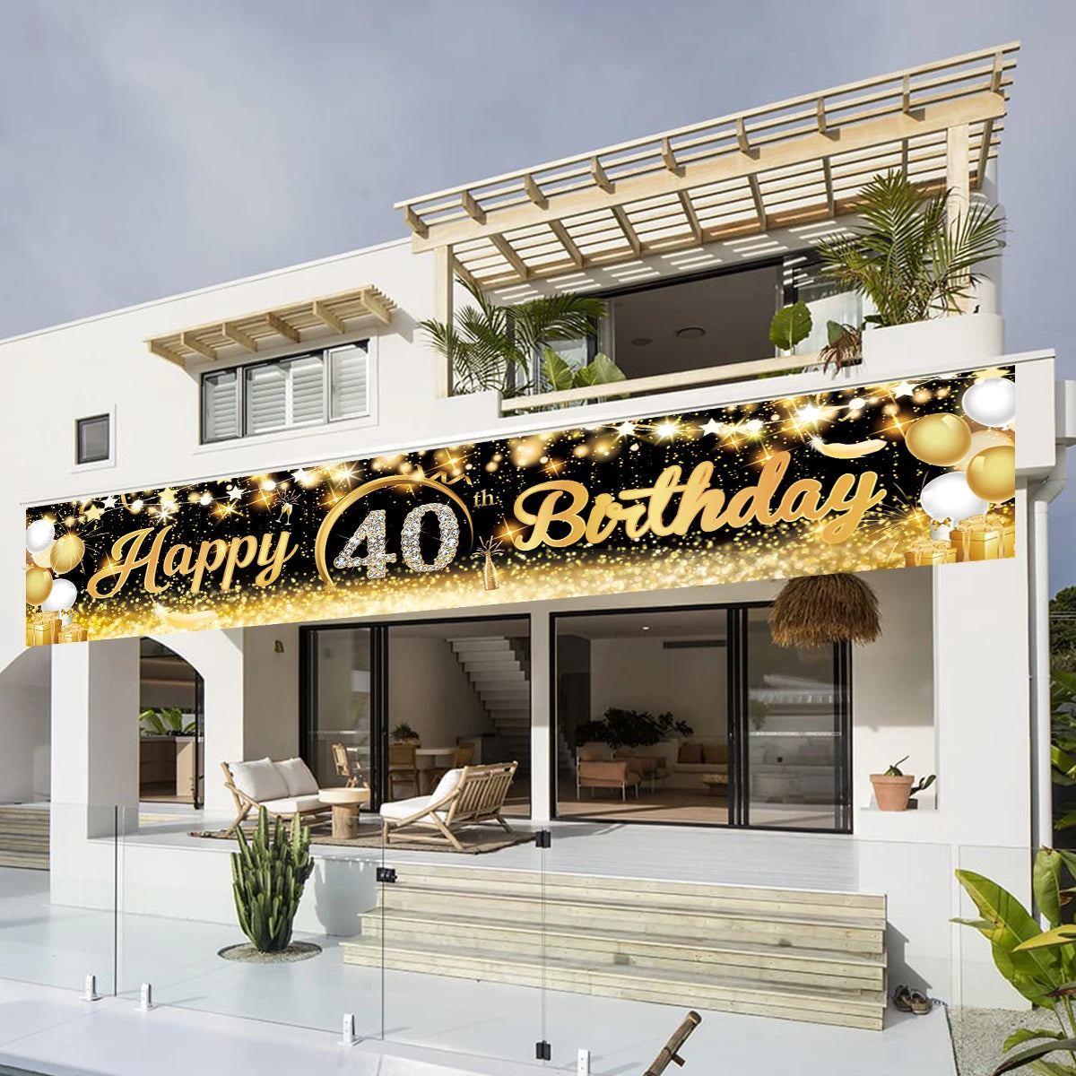Bannière anniversaire or noir suspendue