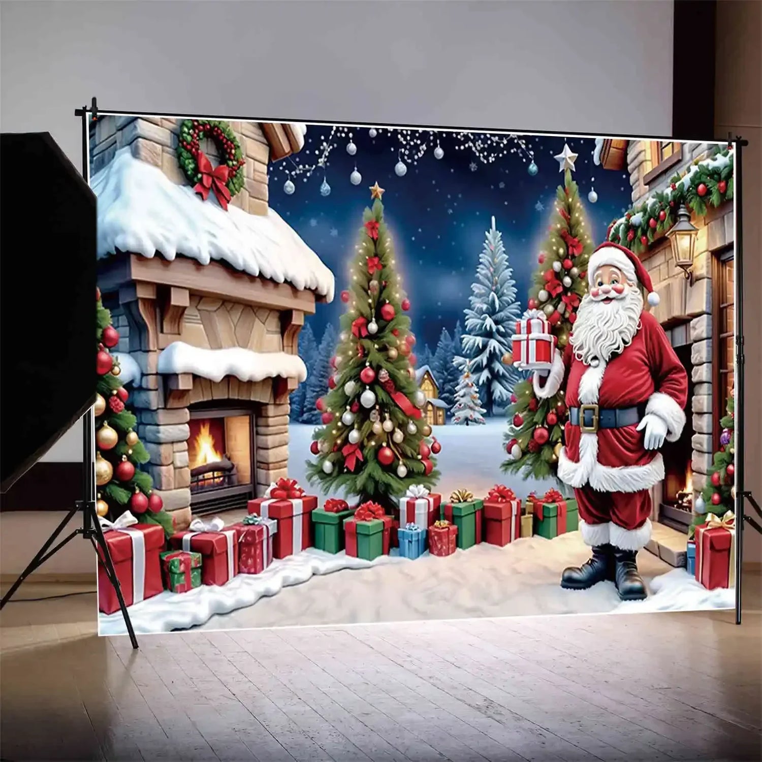 Toile de fond Noël avec village enneigé et sapins