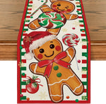 Des biscuits de Noël en forme d'homme en pain d'épice dans un cadre festif avec des motifs de flocons de neige et de bonbons.