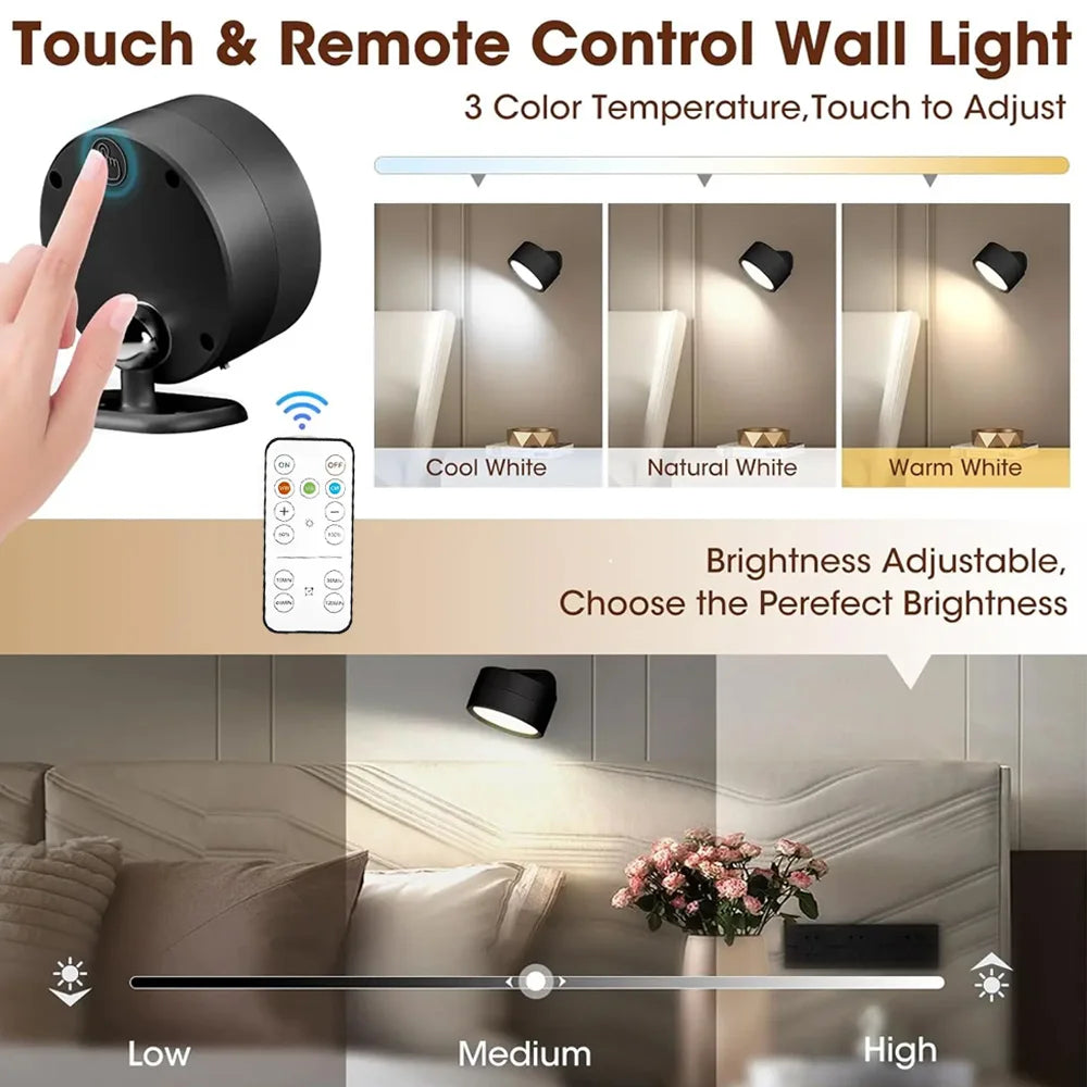 Détail de l'applique murale LED sans fil noire avec contrôle tactile