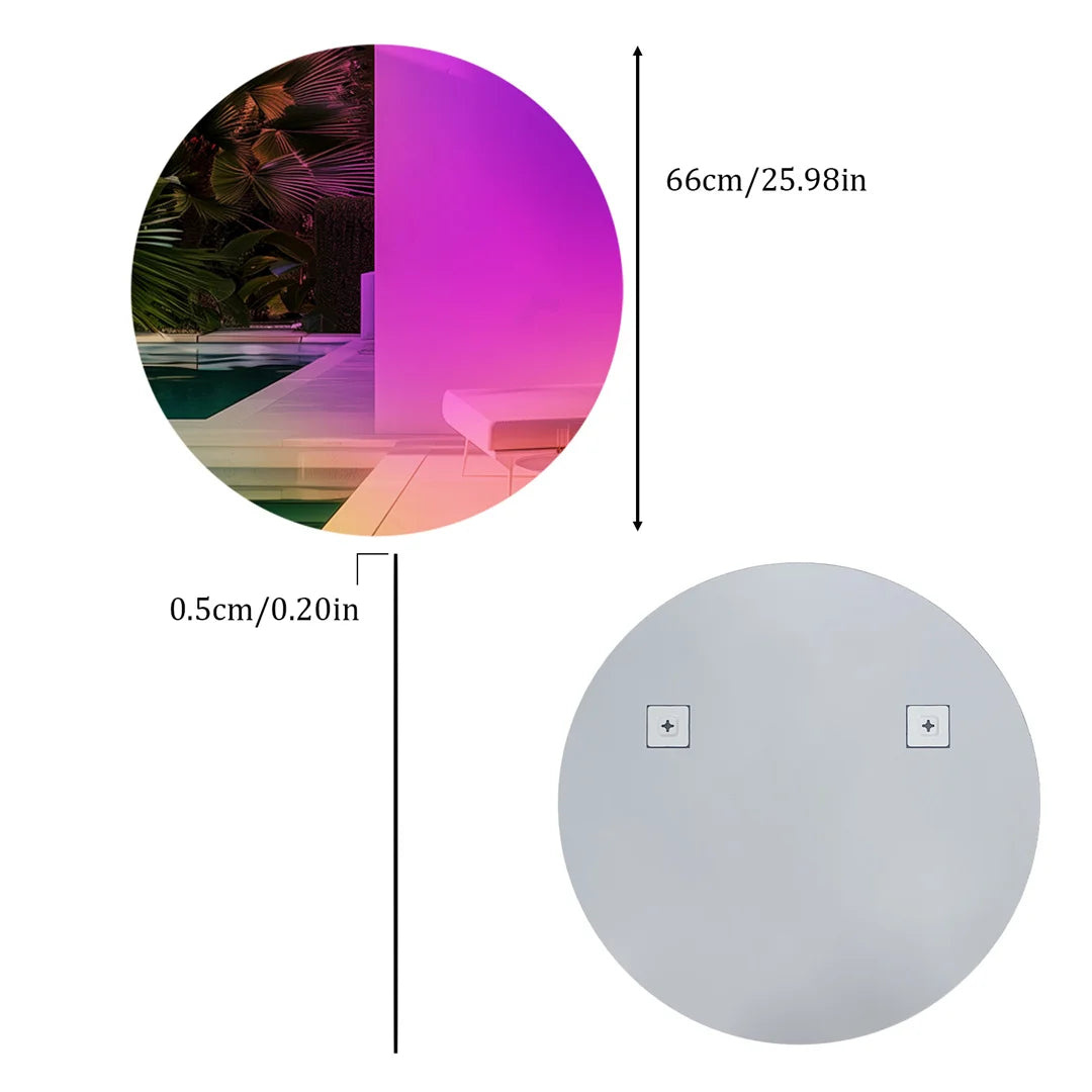 Miroir de salle de bain rond avec commandes de réglage, dimension 66 cm, reflet de paysage tropical avec piscine.