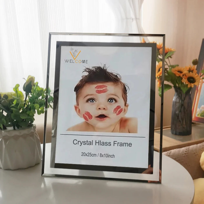 Cadre photo en verre cristal argent miroir 15x20 cm sur bureau