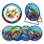 Set de table en bois peint diamant motifs colibri mandala tortue de mer vue d'ensemble