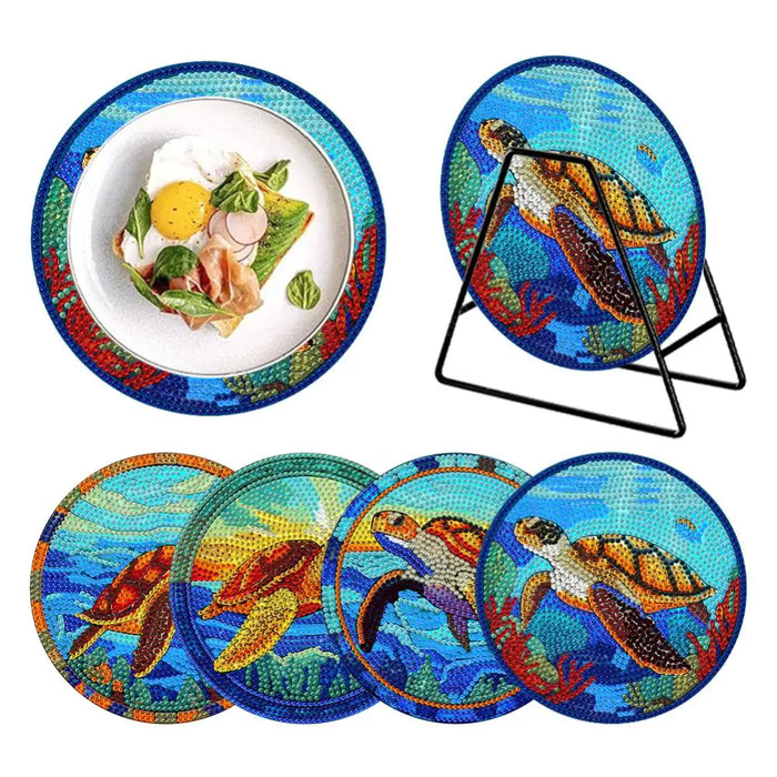 Set de table en bois peint diamant motifs colibri mandala tortue de mer vue d'ensemble