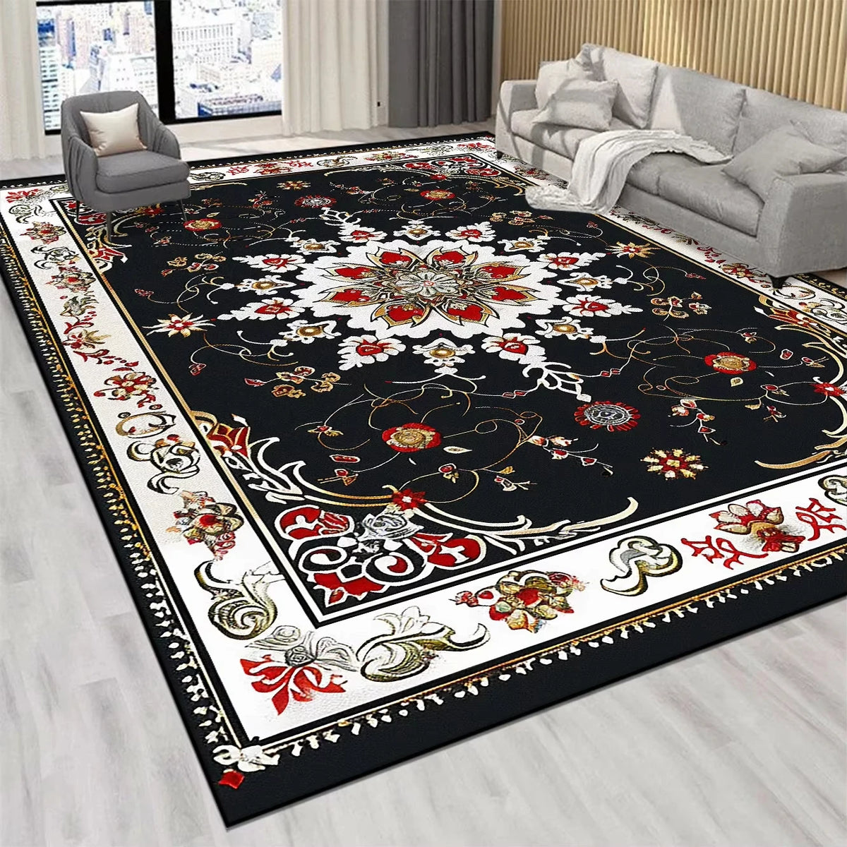 Tapis persan blanc antidérapant dans une chambre élégante