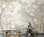 Papier peint mural TV arbre peint à la main en noir et blanc gris pour salon