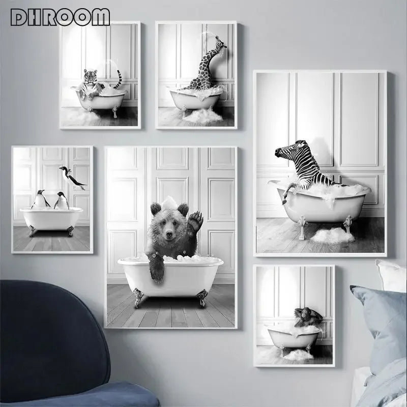 Affiche toile éléphant noir et blanc décoration salle de bain nordique