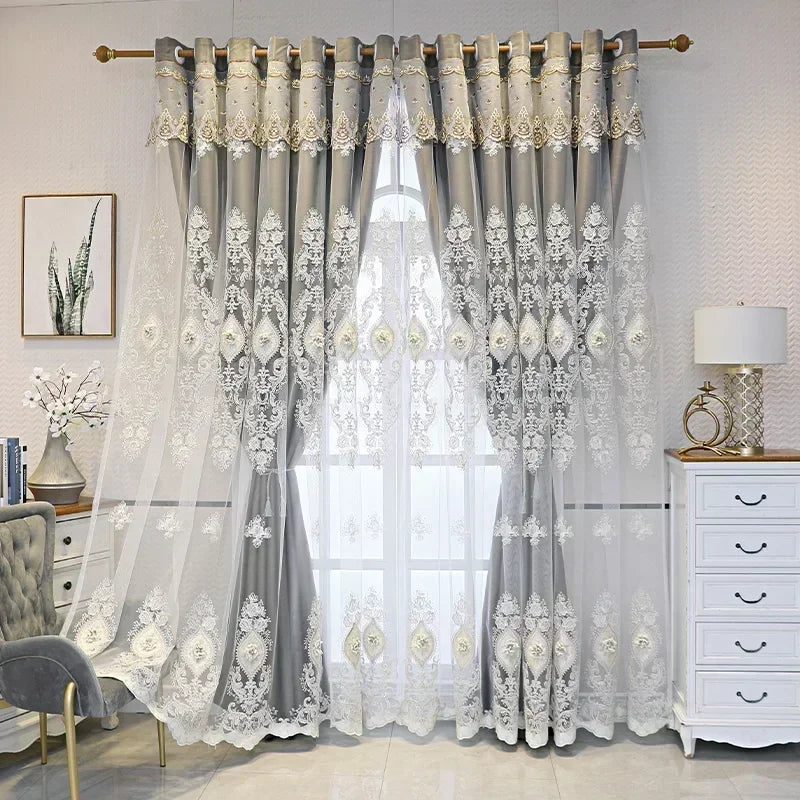 Rideau double couche salon vert moderne avec haute ombrage