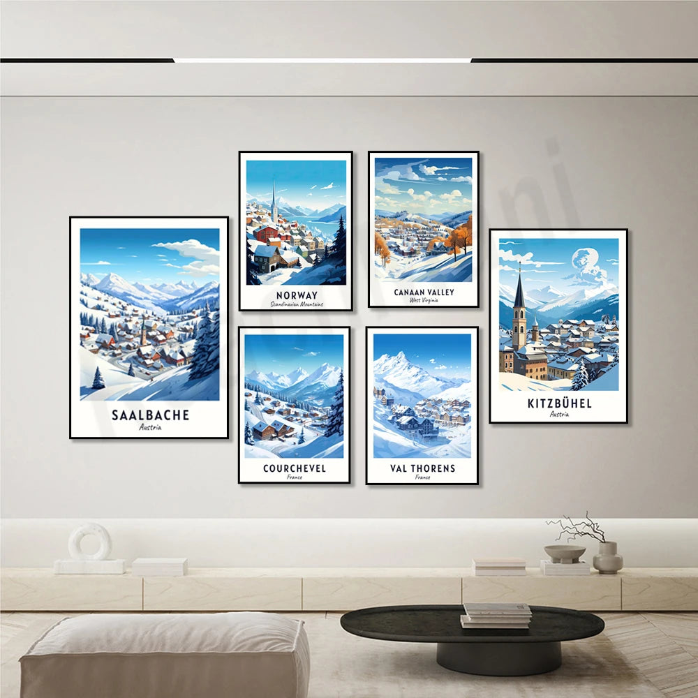 Cette image présente une collection de paysages d'hiver dans des destinations de ski européennes populaires telles que la Norvège, Canaan Valley, Saalbache, Courchevel, Val Thorens et Kitzbühel, mettant en valeur leurs magnifiques vues enneigées et leurs villages pittoresques.