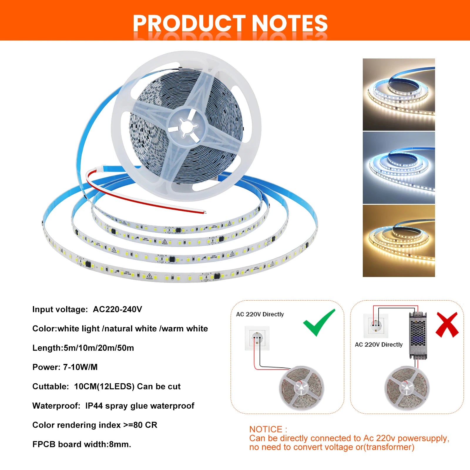 Ruban LED IP44 résistant à l'humidité cuisine salle de bain