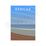 L'image montre un paysage avec des éoliennes sur l'horizon et un texte "REDCAR" en grand au premier plan, suggérant qu'il s'agit d'une illustration de la ville de Redcar ou de la région.