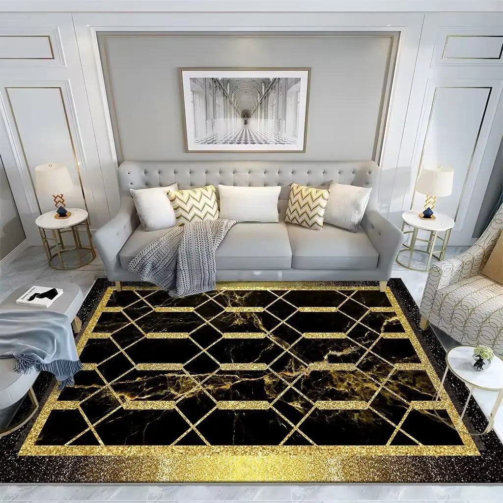 Élégant salon avec canapé gris capitonné, décoré de coussins motifs, et tapis doré à motifs géométriques.