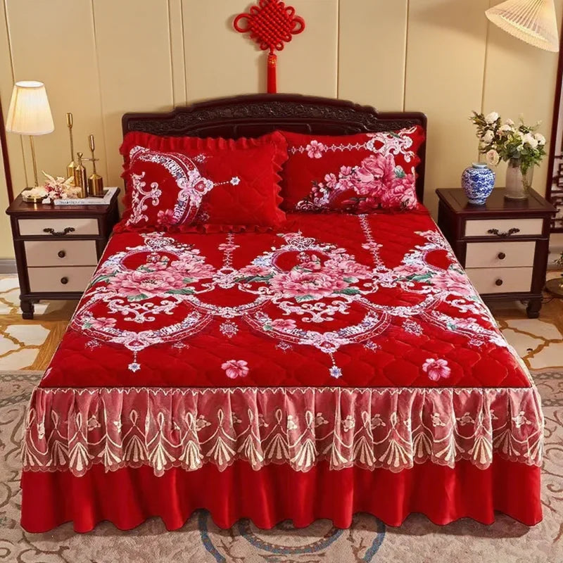 Ensemble couvre-lit velours fleuri jaune clair