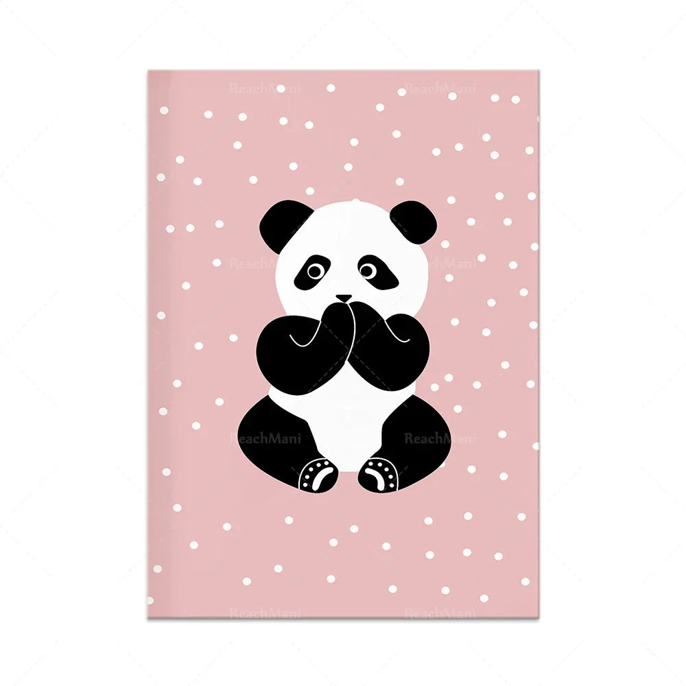 Une mignonne panda noire et blanche sur un motif à pois roses et blancs.