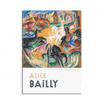 Cette image présente une peinture abstraite colorée intitulée "Chevaux Ol" de l'artiste Alice Bailly, avec des formes et des motifs organiques évoquant des chevaux.