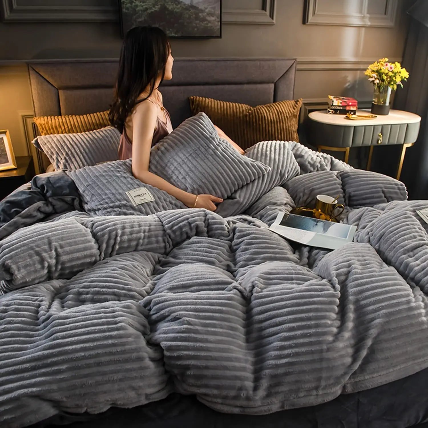Housse de couette velours côtelé bleu marine
