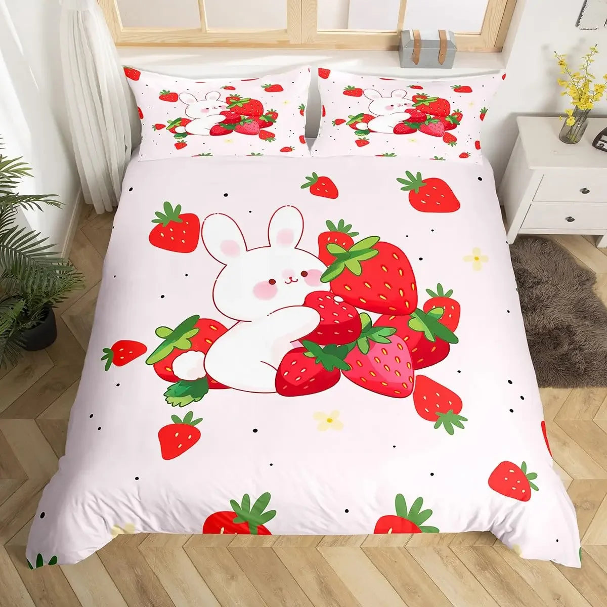 Literie enfant motif fraise rose